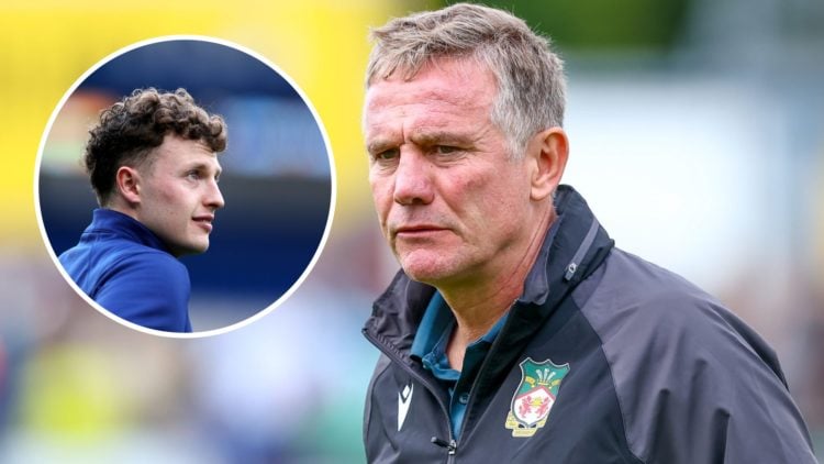 Wrexham AFC manager Phil Parkinson reacts during a pre-season friendly, and inset, Nathan Broadhead looks on before a game for Ipswich Town FC.