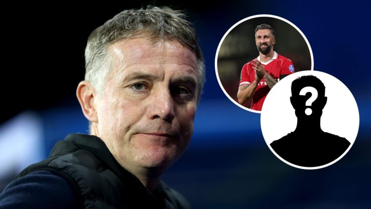 Wrexham boss Phil Parkinson looks on against Huddersfield Town. Inset, Wrexham striker Ollie Palmer and a mystery player icon.