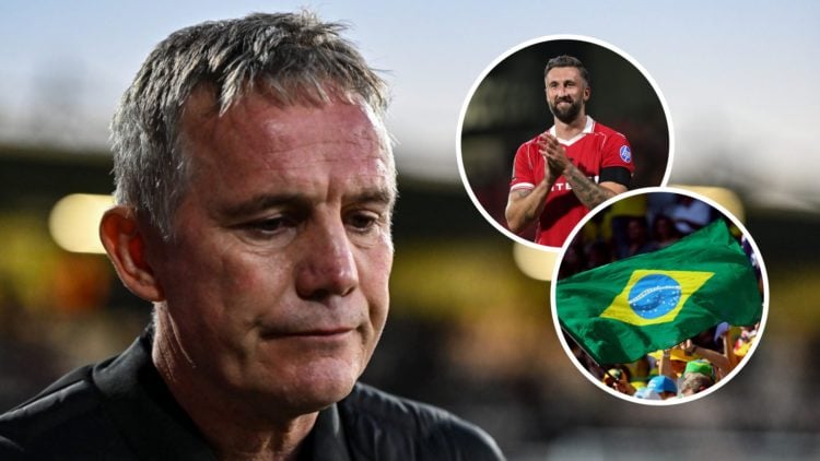 Wrexham boss Phil Parkinson looks on against Cambridge United. Inset, Wrexham striker Ollie Palmer and the Brazil flag