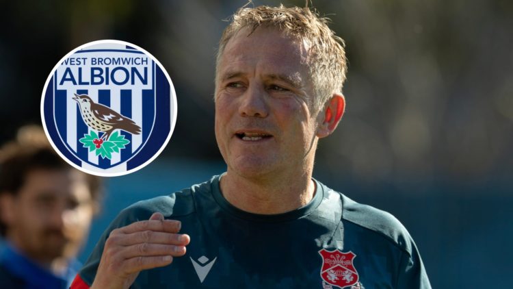 Wrexham manager Phil Parkinson. Inset, West Brom badge.