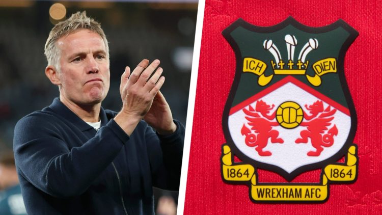 Split image of Wrexham manager Phil Parkinson, and the official club badge of Wrexham.