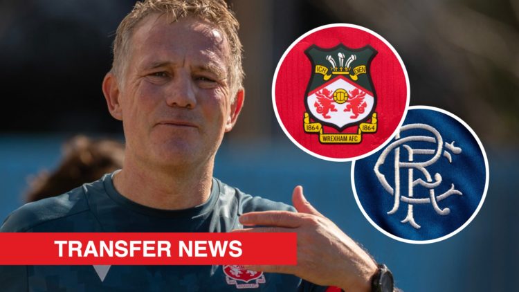 Wrexham boss Phil Parkinson looks on. Inset, the Wrexham badge and the Rangers badge.