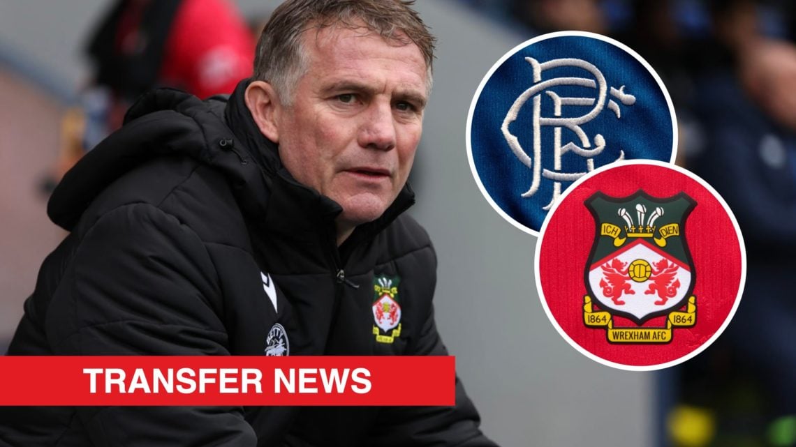 Wrexham boss Phil Parkinson looks on against Shrewsbury Town. Inset, the Wrexham badge and Rangers badge.