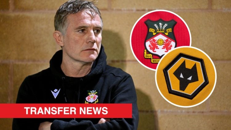 Wrexham boss Phil Parkinson looks on against Forest Green Rovers. Inset, the Wrexham badge on a red home shirt, the Wolves badge on a gold home shi...