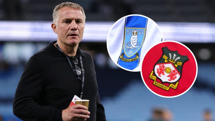 Wrexham boss Phil Parkinson looks on. Inset, the Wrexham crest and Sheffield Wednesday crest