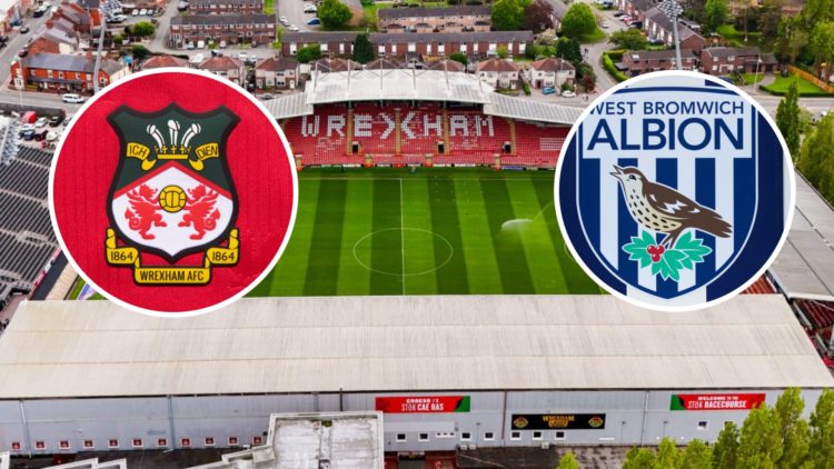 A general aerial view of STK Racecourse. The official club badge of Wrexham AFC on a home shirt. A general view of the West Bromwich Albion badge a...