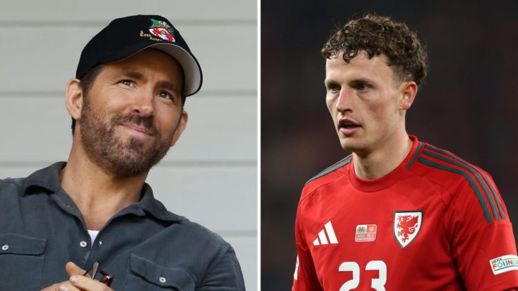 Ryan Reynolds, co-owner of Wrexham. Wales' Nathan Broadhead in action against Montenegro.