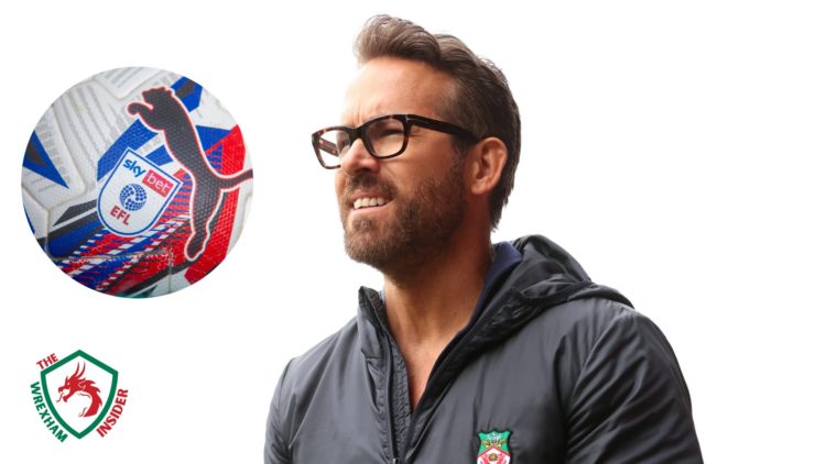 Ryan Reynolds, Owner of Wrexham looks on. A detailed view of the SkyBet and EFL league logo on a white Puma match ball before the Sky Bet Champions...
