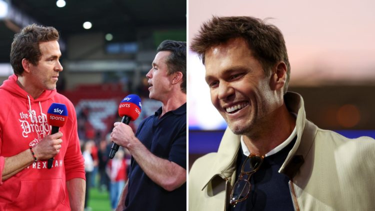 Rob McElhenney and Ryan Reynolds. Tom Brady ahead of Birmingham City FC v Wrexham AFC - Sky Bet League One.