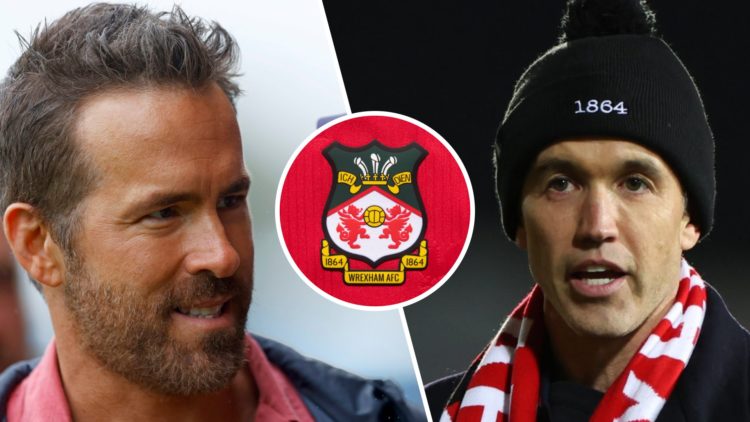 Co-owner of Wrexham Football Club Ryan Reynolds. Rob McElhenney after Wrexham v Yeovil - Vanarama National League. The official club badge of Wrexh...