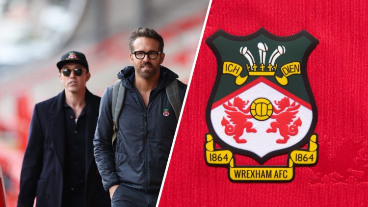 Rob McElhenney and Ryan Reynolds prior to Wrexham v Boreham Wood - Vanarama National League. The official club badge of Wrexham AFC on a home shirt.