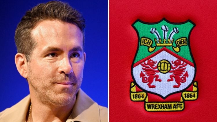 Ryan Reynolds speaks the 2024 Forbes Iconoclast Summit at Cipriani Wall Street. Detail of a Wrexham club crest.