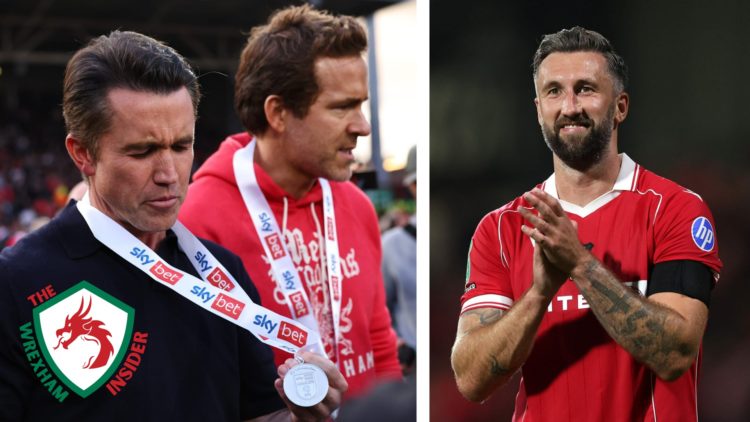 Split image of Wrexham co-owners Ryan Reynolds and Rob Mac, and Wrexham striker Ollie Palmer clapping the fans.