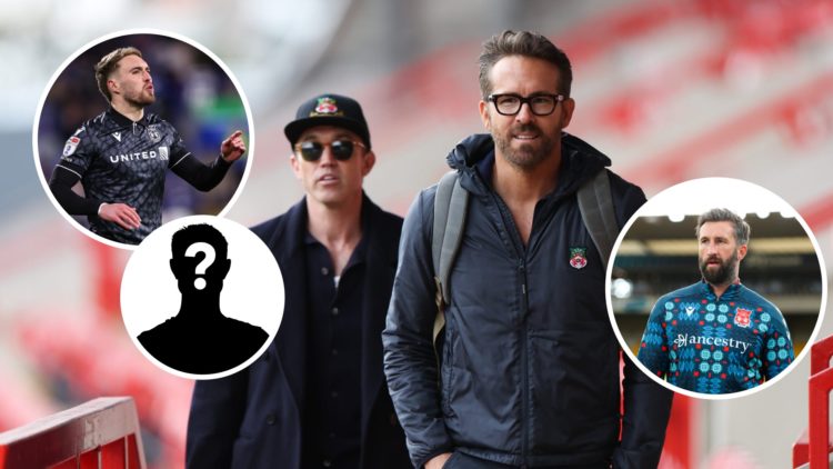 Wrexham owners Rob Mac and Ryan Reynolds. Inset, Sam Smith, Ollie Palmer, and mystery player graphic.