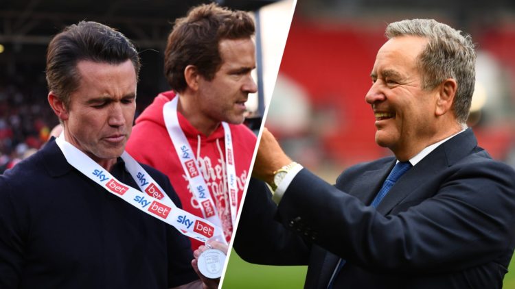 A split image of Wrexham's Rob McElhenney and Ryan Reynolds (L) and presenter Jeff Stelling (R)