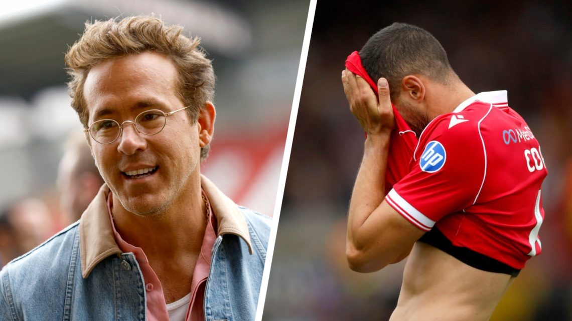 Wrexham AFC co-owner Ryan Reynolds pictured on the pitch (left), Connor Coady of Wrexham AFC reacts (right)