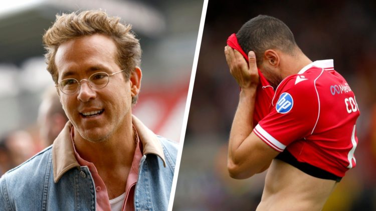 Wrexham AFC co-owner Ryan Reynolds pictured on the pitch (left), Connor Coady of Wrexham AFC reacts (right)