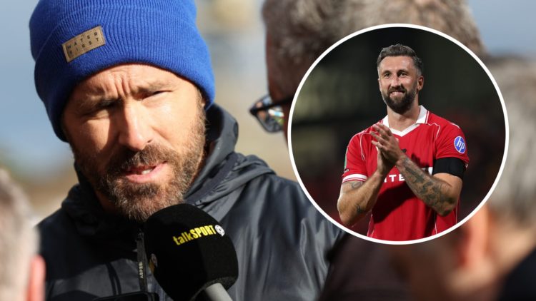Wrexham Football Club co-owner Ryan Reynolds talks to TALKSPORT. Inset: Ollie Palmer of Wrexham applauds the fans