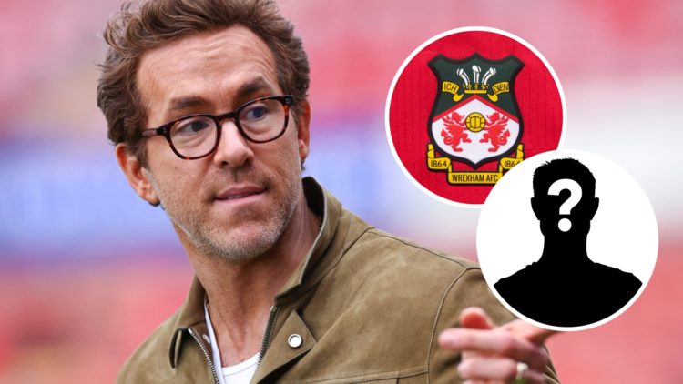 Ryan Reynolds looks on before Wrexham v Charlton Athletic. Inset, the Wrexham badge and a mystery player icon.