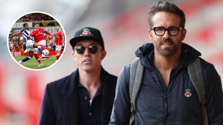 Wrexham AFC owners Ryan Reynolds and Rob Mac arrive at the Racecourse Stadium before a League One match. Overlaid, Darnell Furlong of West Bromwich...