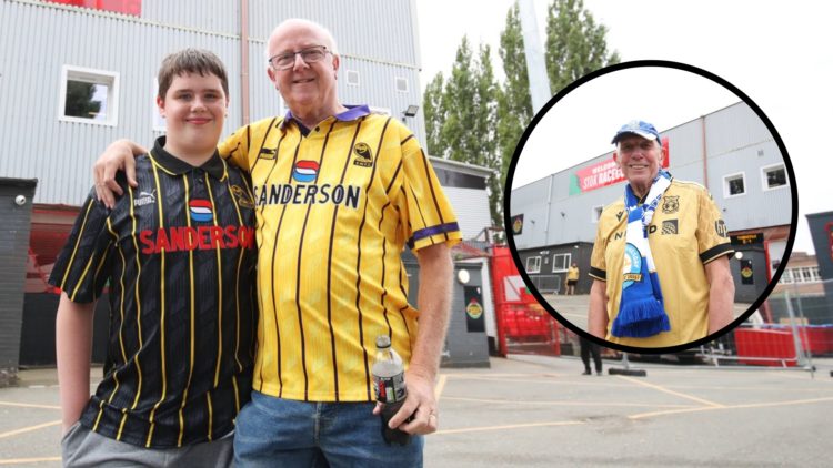 Sheffield Wednesday fans pose for a photo outside the stadium. Inset: Wrexham fan pose for a photo outside the stadium