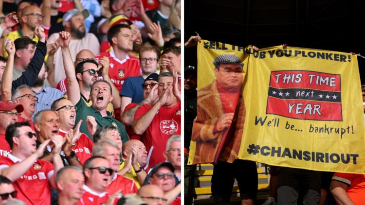 Fans of Wrexham show their support (left), Sheffield Wednesday fans hold up a banner in protest of owner, Dejphon Chansiri (right)