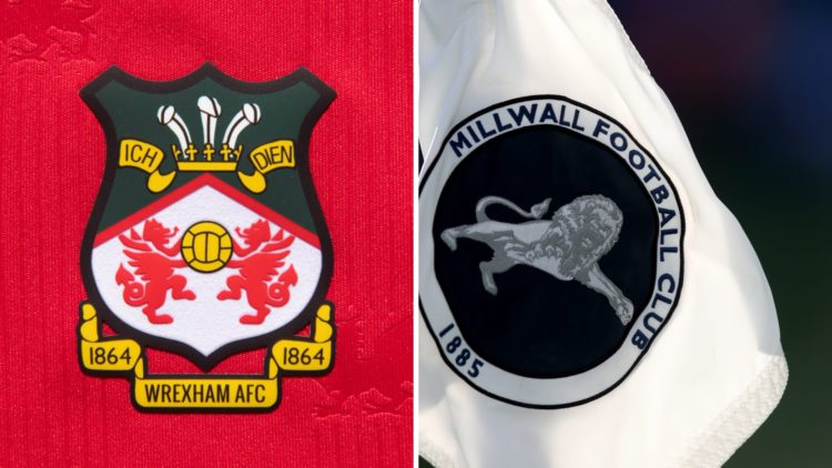 The official club badge of Wrexham AFC on a home shirt. The Millwall club crest is seen on a corner flag