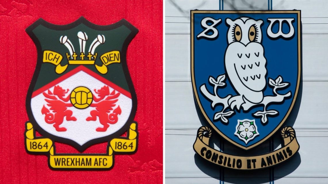 The official club badge of Wrexham AFC on a home shirt. The Sheffield Wednesday club crest outside the Hillsborough Stadium