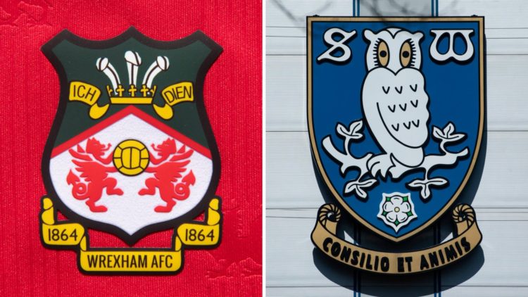 The official club badge of Wrexham AFC on a home shirt. The Sheffield Wednesday club crest outside the Hillsborough Stadium