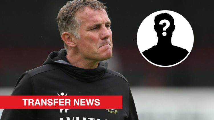 Wrexham boss Phil Parkinson. Inset, a mystery player icon and a red banner with 'transfer news' in white text.
