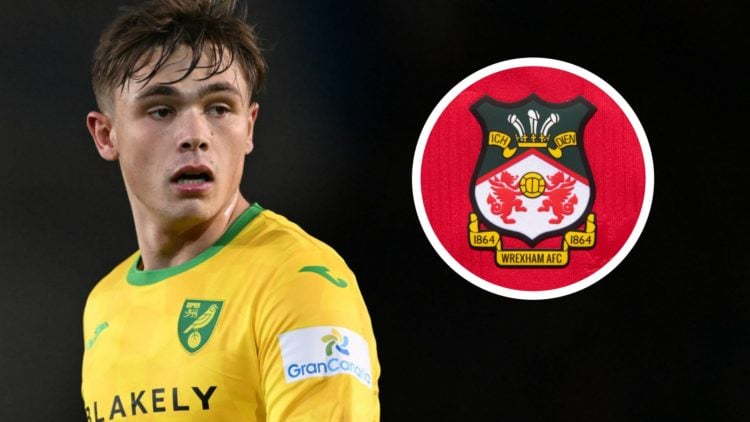 Norwich City player Callum Doyle in action. Inset a picture of the official club badge of Wrexham.