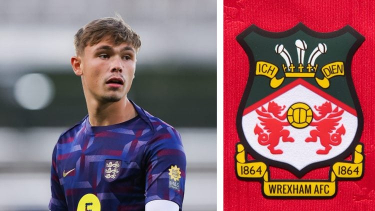 Split image of England U21 player Callum Doyle warming up, and the official club badge of Wrexham AFC.