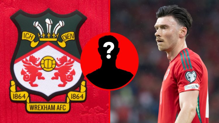 The official club badge of Wrexham AFC on a home shirt. Kieffer Moore during Wales v Liechtenstein - European Qualifiers Group J - FIFA World Cup 2...