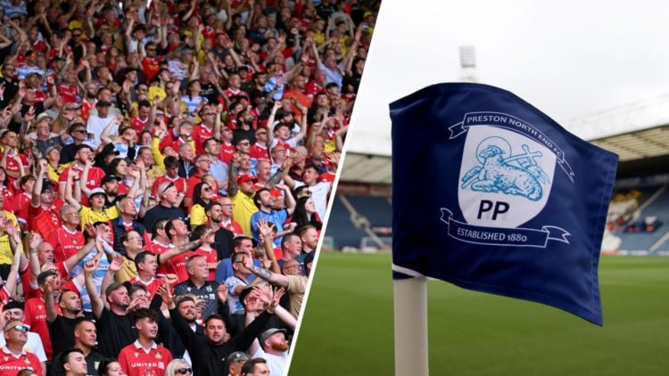 A split image of Wrexham fans (L) and the Preston North End badge on a corner flag (R)
