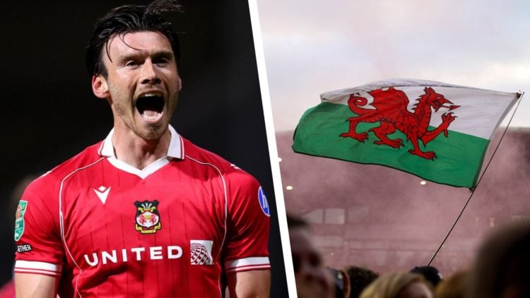 Split image of Wrexham striker Kieffer Moore celebrating, and the Welsh flag being flown at a football match.