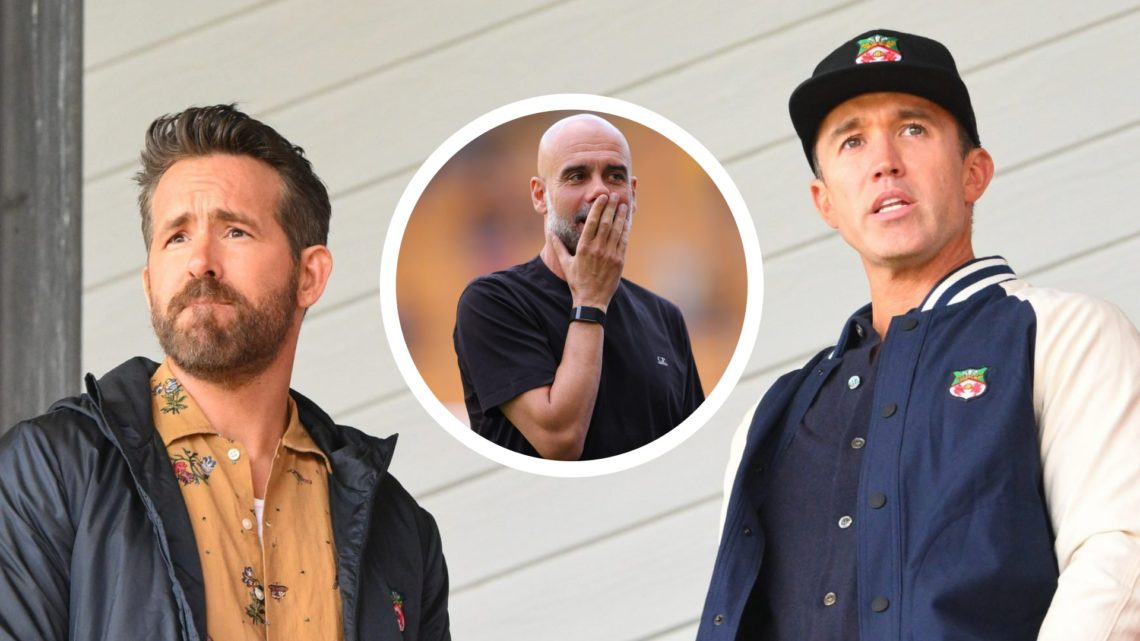 Wrexham co-owners Rob Mac and Ryan Reynolds look on. Inset a picture of Manchester City manager Pep Guardiola smirking.