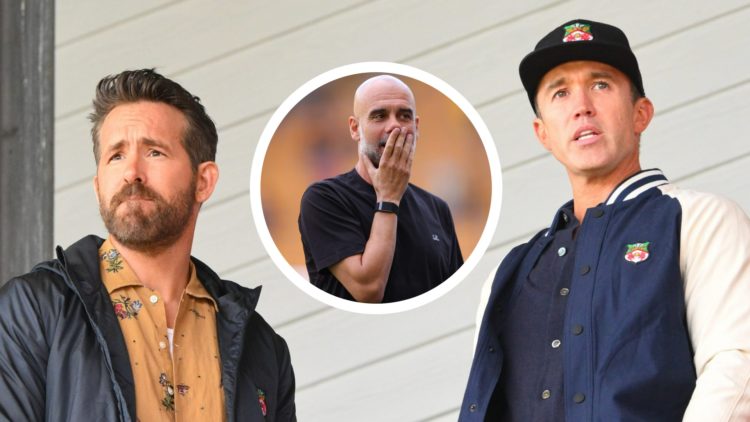 Wrexham co-owners Rob Mac and Ryan Reynolds look on. Inset a picture of Manchester City manager Pep Guardiola smirking.