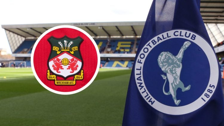 Millwall's The Den stadium viewed from the corner flag. Inset a picture of the official club badge of Wrexham AFC.
