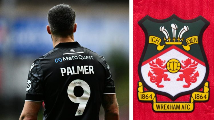 Split image of Wrexham striker Ollie Palmer in action, and the official club badge of Wrexham AFC.