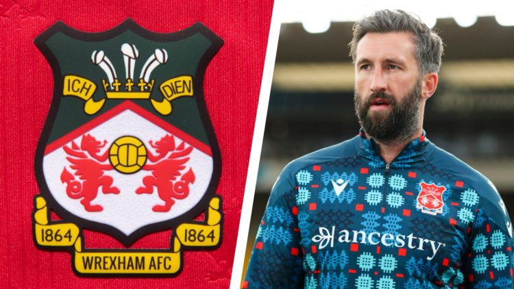 Split image of the official club badge of Wrexham AFC, and Wrexham striker Ollie Palmer in action.