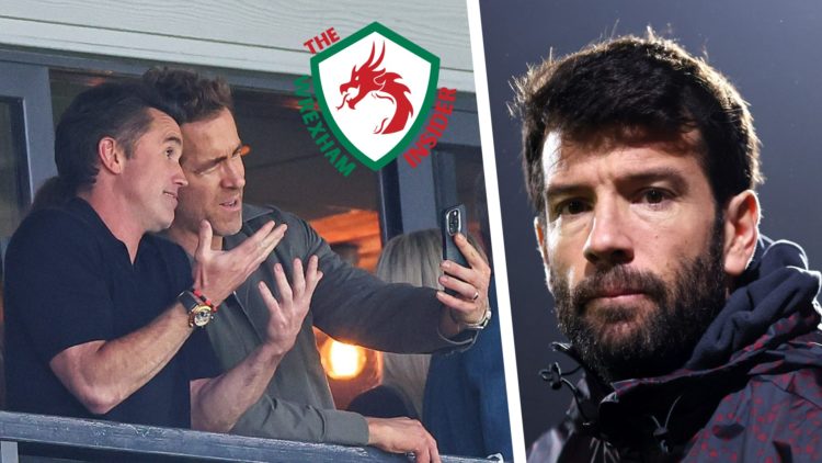 Split image of Wrexham co-owners Rob Mac and Ryan Reynolds at a Wrexham game, and Man City U21s manager Brian Barry-Murphy.