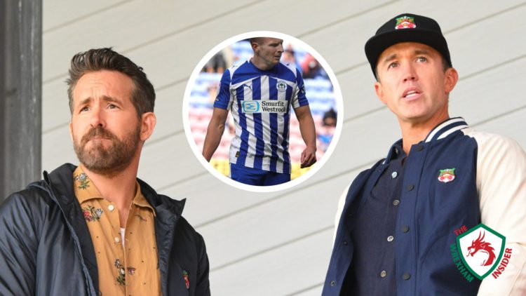 Wrexham co-owners Ryan Reynolds and Rob Mac sit in the stands at the Racecourse. Inset a picture of Wigan Athletic striker Paul Mullin in action.