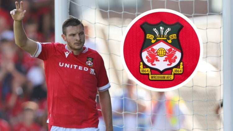 Wrexham striker Paul Mullin waves to the supporters. Inset a picture of the official club badge of Wrexham AFC.