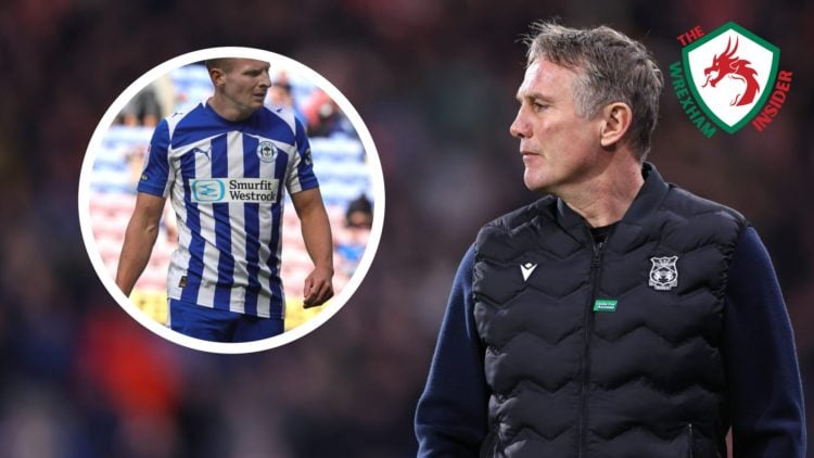 Wrexham manager Phil Parkinson stands on the touchline during a game. Inset a picture of Wigan Athletic striker Paul Mullin in action.