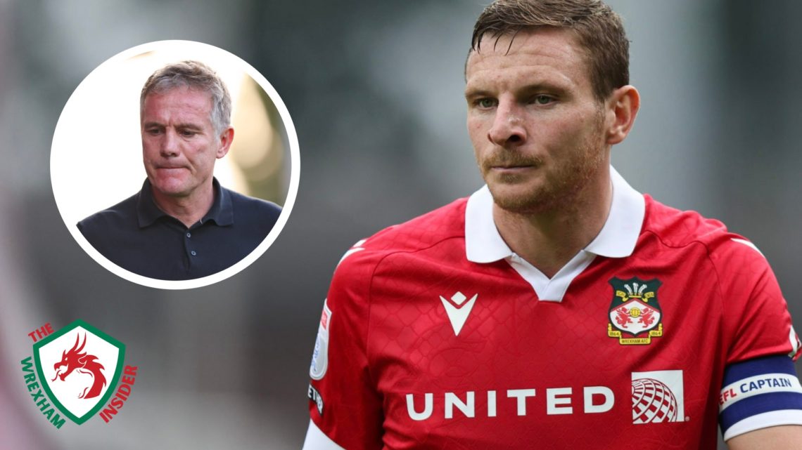 Wrexham captain Paul Mullin in action. Inset a picture of Wrexham manager Phil Parkinson looking down.