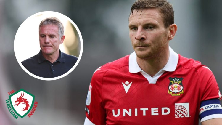 Wrexham captain Paul Mullin in action. Inset a picture of Wrexham manager Phil Parkinson looking down.