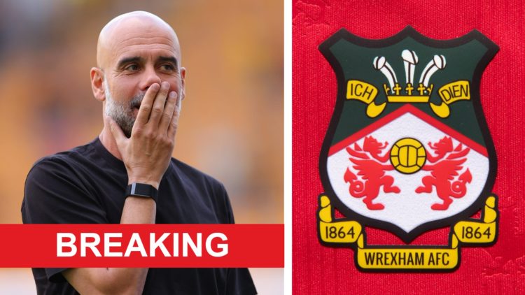 Split image of Manchester City manager Pep Guardiola looking shocked, and the official club badge of Wrexham.