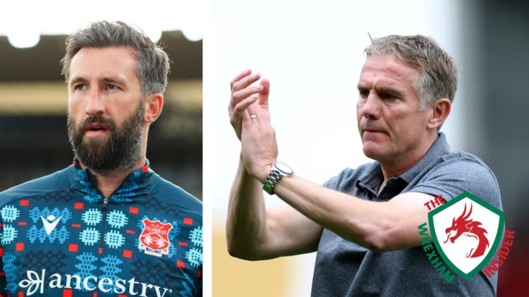 Split image of Wrexham player Ollie Palmer before a game, and Wrexham manager Phil Parkinson clapping the fans.
