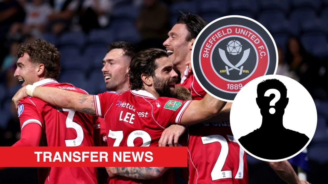 Wrexham players celebrate against Preston North End. Inset, the Sheffield United badge and a mystery player icon.
