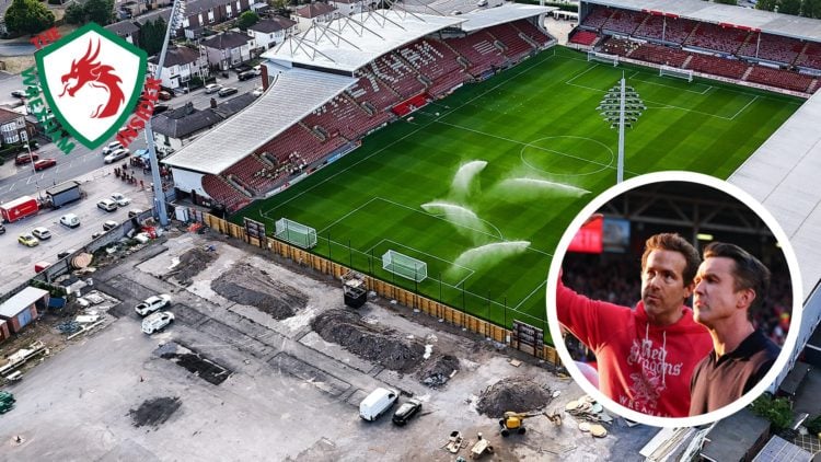A birds eye view of Wrexham's Racecourse Ground. Inset a picture of Wrexham co-owners Ryan Reynolds and Rob Mac.